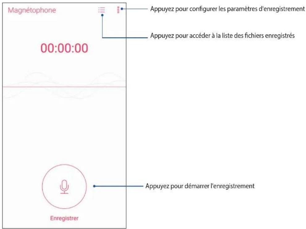 Magnétophone 00:00:00 Appuyez pour configurer les paramètres d'enregistrement Appuyez pour accéder à la liste des fichiers enregistrés Appuyez pour démarrer l'enregistrement Enregistrer