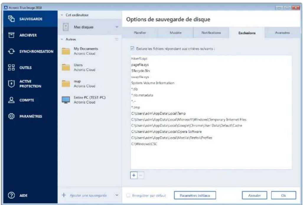 ACRONIS True Image 2018 - Comment utiliser les paramètres d'exclusion par défaut - 1