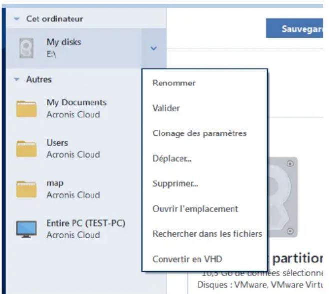ACRONIS True Image 2018 - Menu d'opérations de sauvegarde - 1