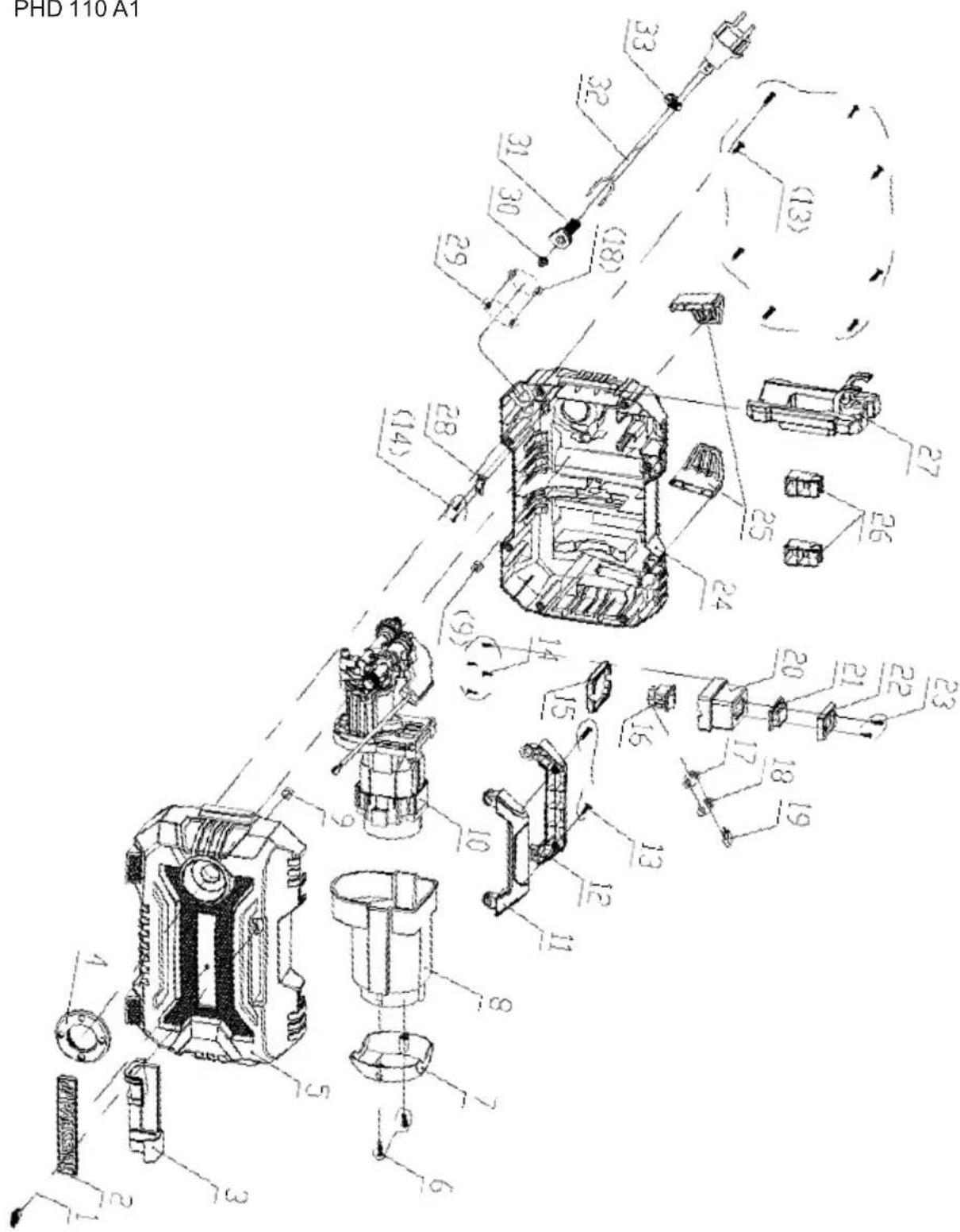 POWERFIX PHD 110 A1 - Explosionszeichnung • Exploded Drawing Explosietekening • Vue éclatée Rozvinuté náčrtky • Plano de explosión Vista en corte - 1