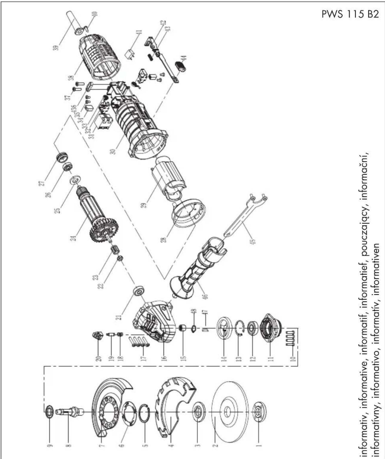 PARKSIDE PWS 125 B2 - Explosionszeichnung • Exploded Drawing Vue éclatée • Explosietekening Rysunki eksplozyine • Rozvinutý vykres Vykres náhradnych dielov • Eksplosionstegning Plano de explosión • Vista esplosa Robbantott ábra • Eksplozijańska risba - 1