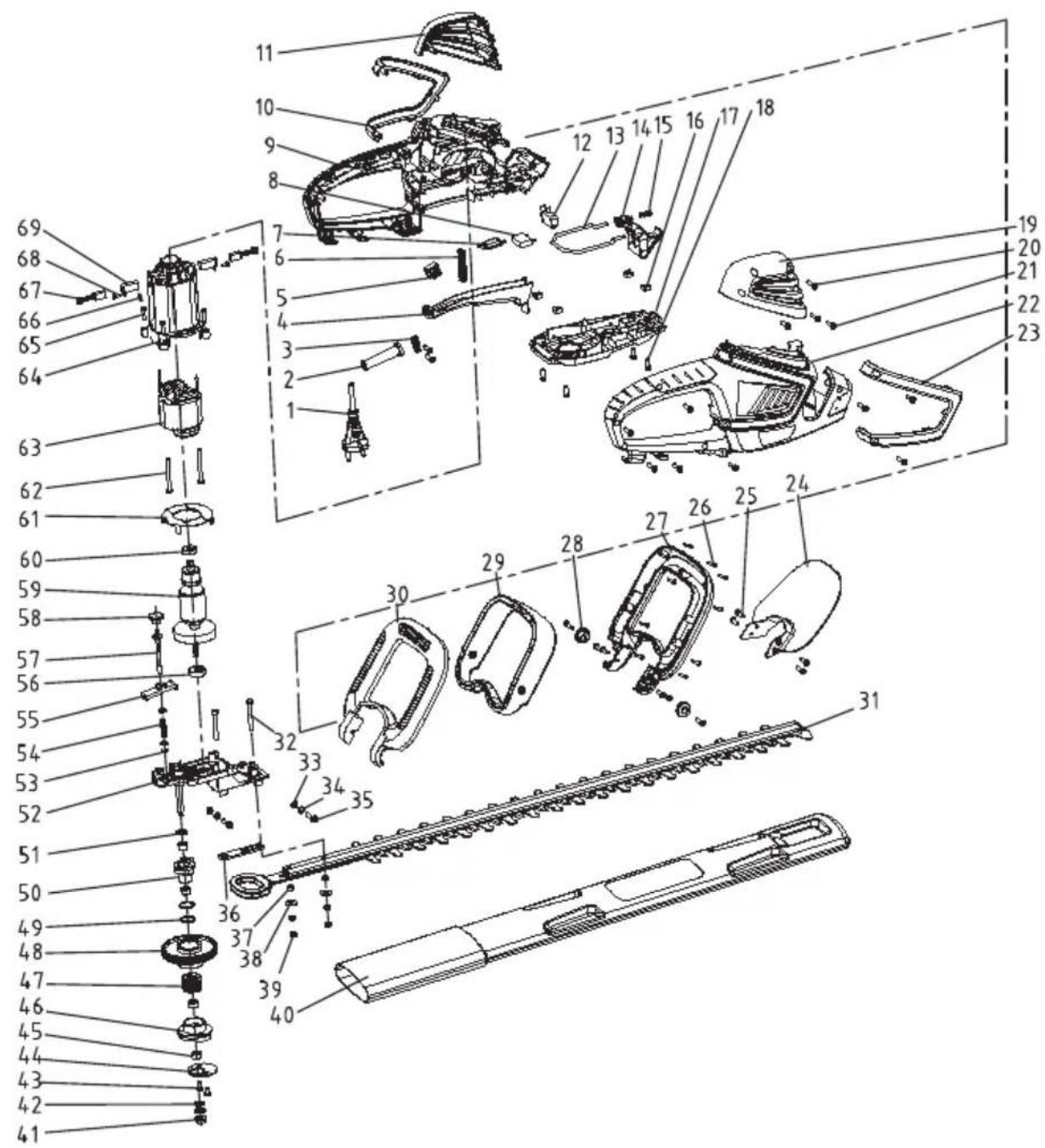 FLORABEST FHT 600 D3 - Explosionszeichnung · Räjähdyspiirustus Sprängskiss · Vue éclatée Exploded Drawing · Explosietekening - 1