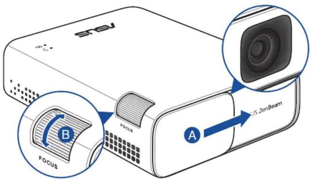 ASUS ZenBeam Go E1Z - Ouvrez le couvercle de protection de la lentille et réglez le focus de l'image - 1
