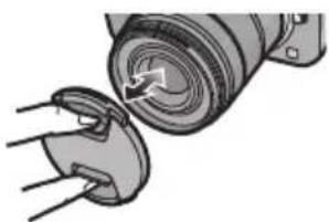PANASONIC LUMIX G VARIO 45150mm OIS - - Attaching and Detaching the Lens Cap Pinch the lens cap as shown in the figure to attach or detach. - 1