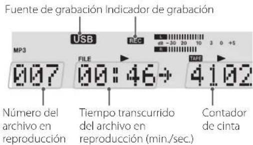 Fuente de grabación Indicador de grabación USB REC MP3 FILE TAPE 0:07 10:46 41:02 Número del archivo en reproducción Tiempo transcurrido del archivo en reproducción (min./sec.) Contador de cinta