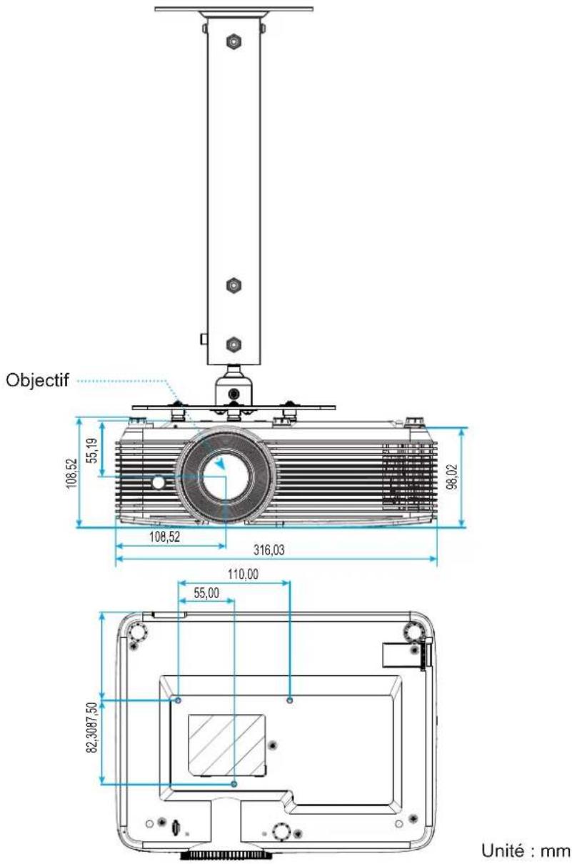 OPTOMA HD144X - Dimensions du projecteur et installation au plafond - 1