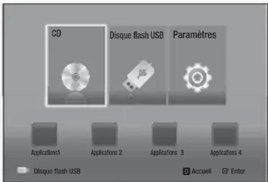 CD Disque flash USB Paramètres Applications1 Applications 2 Applications 3 Applications 4 Disque flash USB Accuell Enter