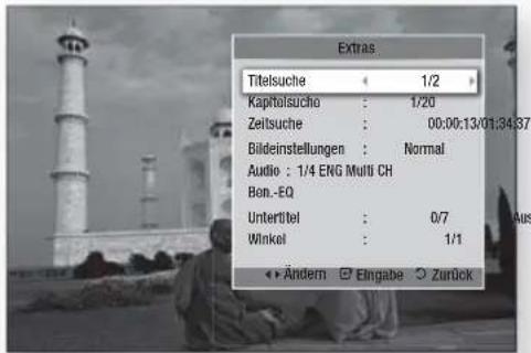 Extras Titelsuche 1/2 Kapitalsuche : 1/20 Zeitsuche : 00:00:13/01:34:37 Bildeinstellungen : Normal Audio : 1/4 ENG Multi CH Bon. -EQ Untertitel : 0/7 Winkel : 1/1 Ändern Eingabe Zurück