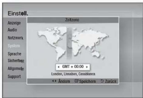 Einstell. Anzeige Audio Netzwerk System Sprache Sicherheit Allgemein Support Zeitzono • GMT + 00:00 • London, Lissabon, Casablanca • Andern • Spelchern • Zurück