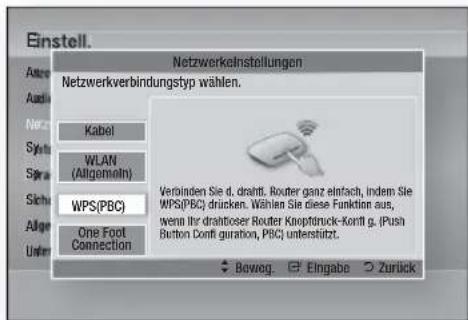 Einstell. Netzwerkainstellungen Netzwerkverbindungstyp wählen. Kabel WLAN (Allgemein) WPS(PBC) One Foot Connection Verbinden Sie d. drahtt. Router ganz einfach, indem Sie WPS(PBC) drücken. Wählen Sie diese Funktion aus, wenn Ihr drahtoser Router Knoptürück-Korff g. (Push Button Dont guration, PBC) unterstützt. Boweg. Eingabe Zurück