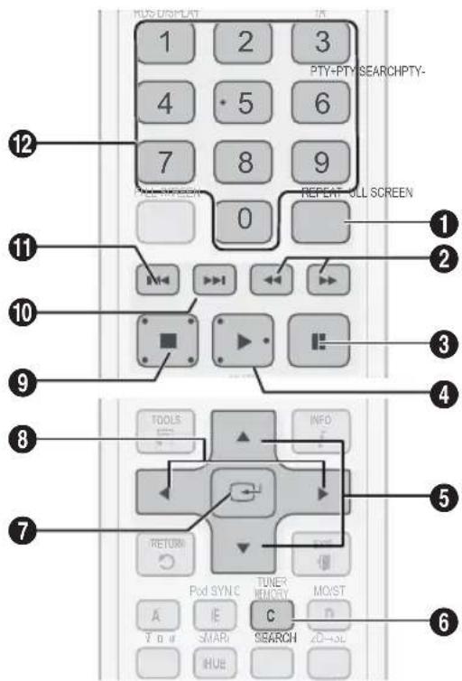 SAMSUNG HTD6759W - Tasti del telecomando utilizzati per la riproduzione della musica - 1
