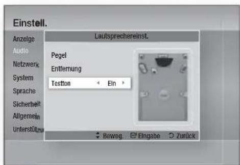 Einstell. Anzeige Audio Netzwerk System Sprache Sicherheit Allgemein Unterstütztur Lautsprechereinst. Pegel Entfernung Testtion Ein Beweg Eingabe Zurück