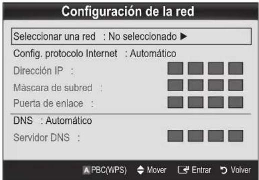 Configuración de la red Seleccionar una red: No seleccionado ▶ Config. protocolo Internet: Automático Dirección IP: Máscara de subred: Puerta de enlace: DNS: Automático Servidor DNS: