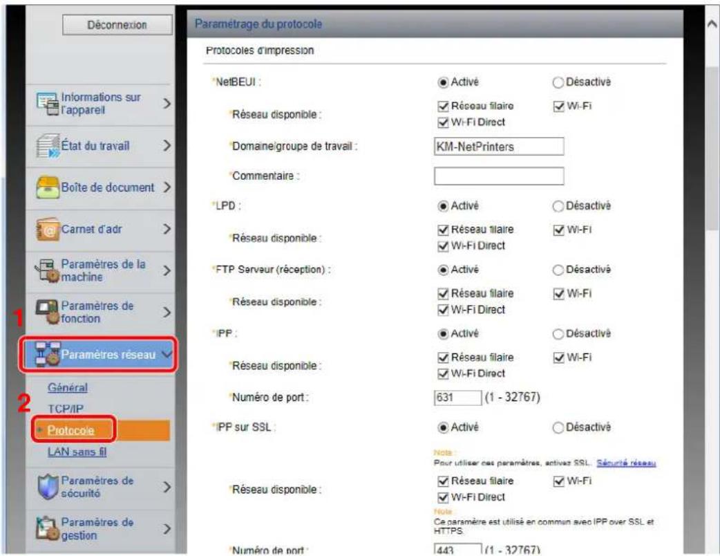 KYOCERA Ecosys M5526cdw - Dans le menu [Paramétres réseau], cliquer sur [Protocole]. - 1