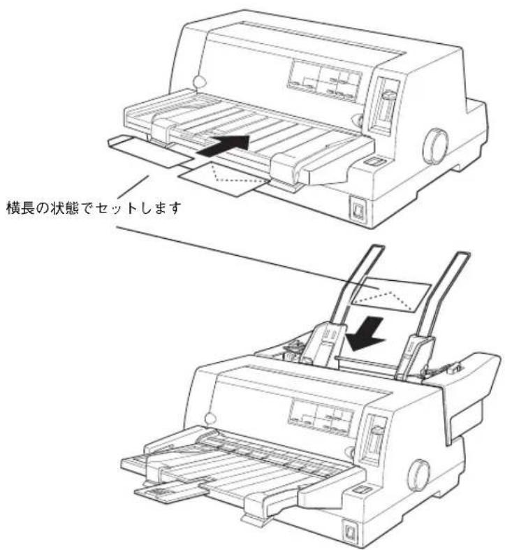 EPSON VP2300 - 用紙ガイドまたはカットシートフィーダ（ビン 1）にハガキまたは封筒を横長でセットします。 - 1