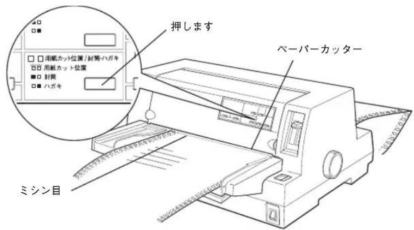 EPSON VP2300 - 印刷が終了したら、〔用紙カット位置/封筒・ハガキ〕スイッチを押して連続紙をミシン目カット位置まで送り出します。 - 1