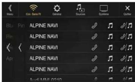 ALPINE X802DCU - Appuyez sur la touche [J] (Audio) ou [J] (Mains-libres) correspondant au périphérique que vous souhaitez connecter depuis la liste des périphériques jumeles. - 1