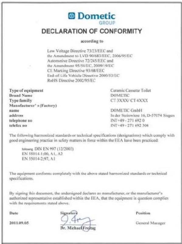 DOMETIC CT 4050 - Samsvarserklæring - 1