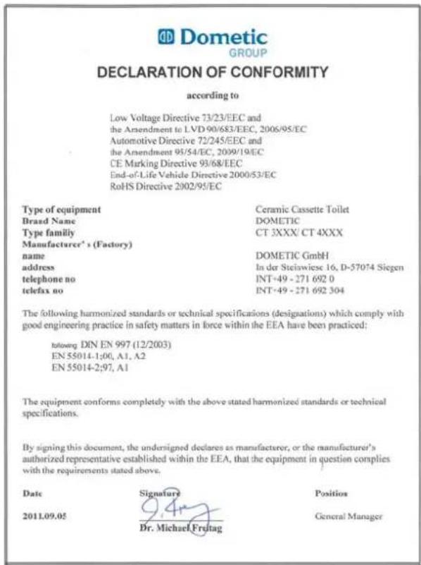 DOMETIC CT 4050 - Dichiarazione di conformità - 1