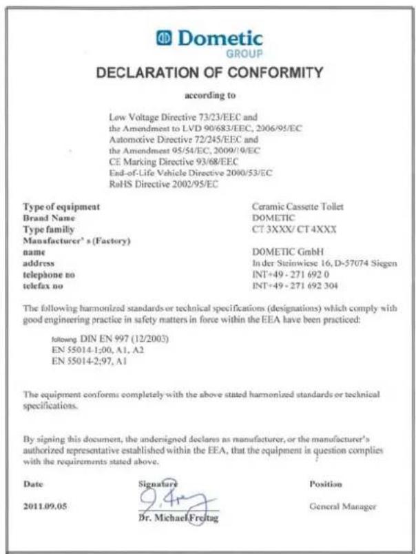 DOMETIC CT 4050 - Conformiteitsverklaring - 1