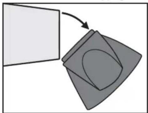 Diagram showing a rectangular block interacting with a curved surface, with an arrow indicating rotation (no text or symbols)