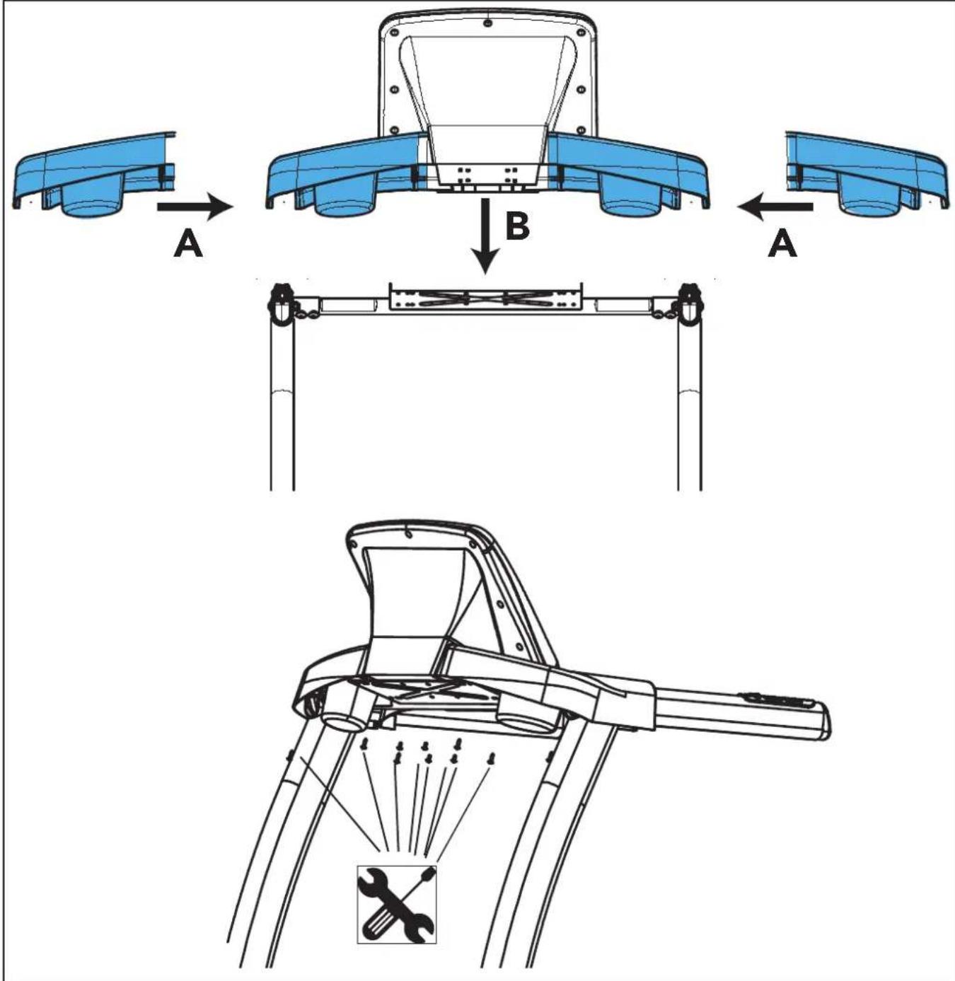 Technical diagram illustrating mechanical assembly steps with labeled components A and B, including a close-up of the final component.