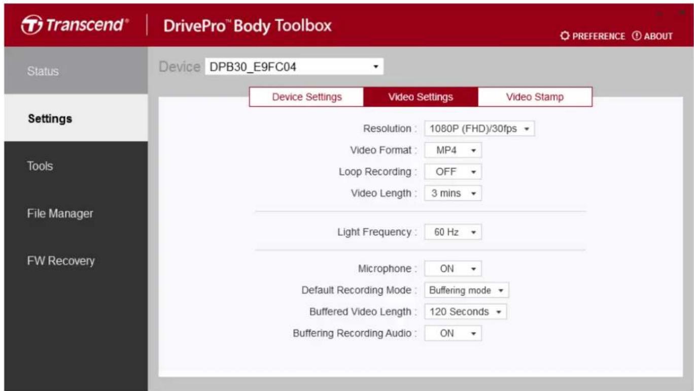 TRANSCEND DrivePro Body 30 - Réglages de l'appareil - 1