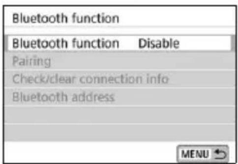 CANON EOS Rebel SL2 - Select [Wireless communication settings].
- Under the [1] tab, select [Wireless communication settings], then press .


text_imageges/3b4de02ba119ac17c3ce9d79ab8392304ffba313aec2ec34a7403d39fe892e48.jpg)



Wireless communication settings
Wi-Fi settings
Wi-Fi function
Bluetooth function Disable
Send images to smartphone
Nickname
Clear settings
MENU ↗
scene
Luminosité
Vue/raise
réduktéur
[ 514 ]

3 Select [Bluetooth function].04f112b8efd372d04e60aef8e3502683df2f95325423914f.jpg) - 1