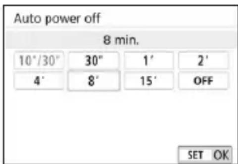 CANON EOS Rebel SL2 - Shooting settings
1 2 3 4
SHOOT1
Off
Image review 2 sec.
4 sec.
8 sec.
Hold

Under the [1] tab, select [Image review], then press . Select the desired setting, then press .
MENU Setting the Auto Power Off Timeuide fonctions Activé - 1