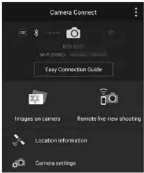 CANON EOS Rebel SL2 - Select a Camera Connect function.sur la touche 

Select the Camera Connect function you want to use.   
For the Camera Connect functions, see page W-29.



text_image>

Wi-Fi on
Disconnect,exit
Confirm set.
Error details
pour un effet
noir et blanc granuleux
OK


A Wi-Fi connection will be established automatically. 
▶ Whe a Wi-Fi connection is established, the screen for the selected function will appear. 
The [Wi-Fi p] screen will appear on the camera's LCD monitor. 
A illustration indicating that a Wi-Fi connection has been established will appear on the main window of Camera Connect.



text_imageue disponibles dans le mode 



Camera Connect

![](images/126d86b55c106176b75d3a0afa307001ac4391fc07fd3ce28b740b6978045aa7.jpg)


The Wi-Fi connection to a Bluetooth-compatible smartphone is now complete.
iOSage - 1