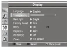 INSIGNIA NS20WLCD - Adjusting the menu transparency - 1