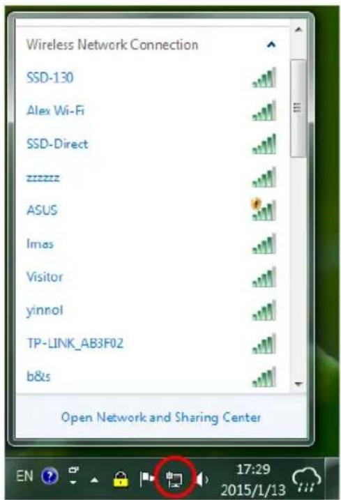 Wireless Network Connection SSD-130 Alex Wi-Fi SSD-Direct zzzzzzz ASUS Imas Visitor yinnol TP-LINK_AB3F02 b&s Open Network and Sharing Center 17:29 2015/1/13