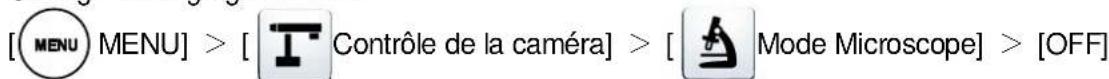 [MENU MENU] > [ [T] Contrôle de la caméra] > [ [A] Mode Microscope] > [OFF]