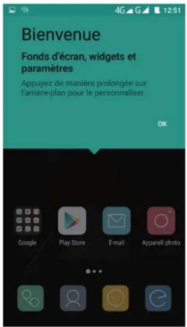 Bienvenue Fonds d'écran, widgets et paramètres Appuyez de manière prolongée sur l'arrière-plan pour le personnaliser. OK Google Play Store Email Apparell photo