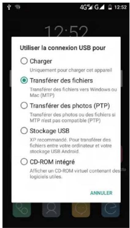 Utiliser la connexion USB pour ○ Charger Uniquement pour charger cet appareil ● Transferer des fichiers Transferer des fichiers vers Windows ou Mac (MTP) ○ Transferer des photos (PTP) Transferer des photos ou des fichiers si MTP n'est pas compatible (PTP) ○ Stockage USB XP recommandé. Pour transférer des fichiers entre votre ordinateur et votre stockage USB Android. ○ CD-ROM intégré Afficher un CD-ROM virtuel contenant des logiciels utiles. ANNULER