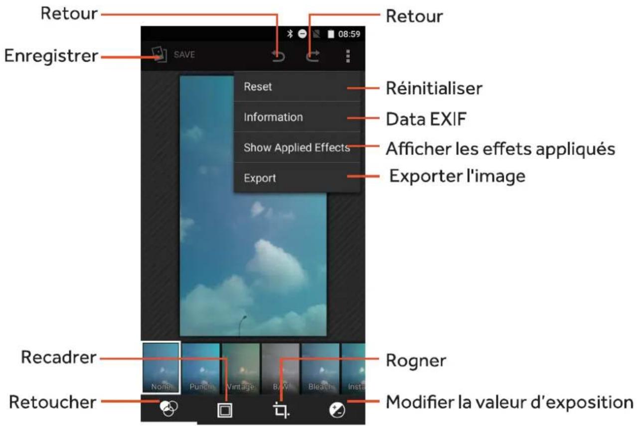 Retour Enregistrer SAVE Reset Information Show Applied Effects Export Réinitialiser Data EXIF Afficher les effets appliqués Exporter l'image Recadrer None Punch Vintage B/V Bleach Insta Rogner Retoucher Modifier la valeur d'exposition