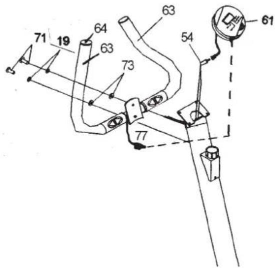 Christopeit SL 3 - Schritt 6: Verbindung des Computerkabelstrang incl. Sensor (45) mit dem Computerkabelstrang (54), Verbindung des Selzug der Widerstandseinstellung (59) mit der Widerstandseinstell-Einheit (58) und Montage des Lenkerstutzrohr (56) am Grundrahmen (1) mittels der Rundkopfschrauben mit Innensechskant M8x15 (55), der Unterlegscheiben 8//20 (73) und der Federringe für M8 (19). - 2