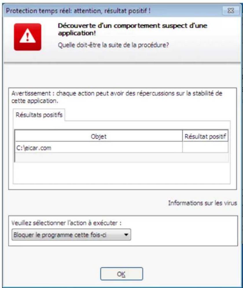 AVIRA Professional Security - Message d'avertissement de la protection temps réel : découverte d'un comportement suspect d'une application - 1