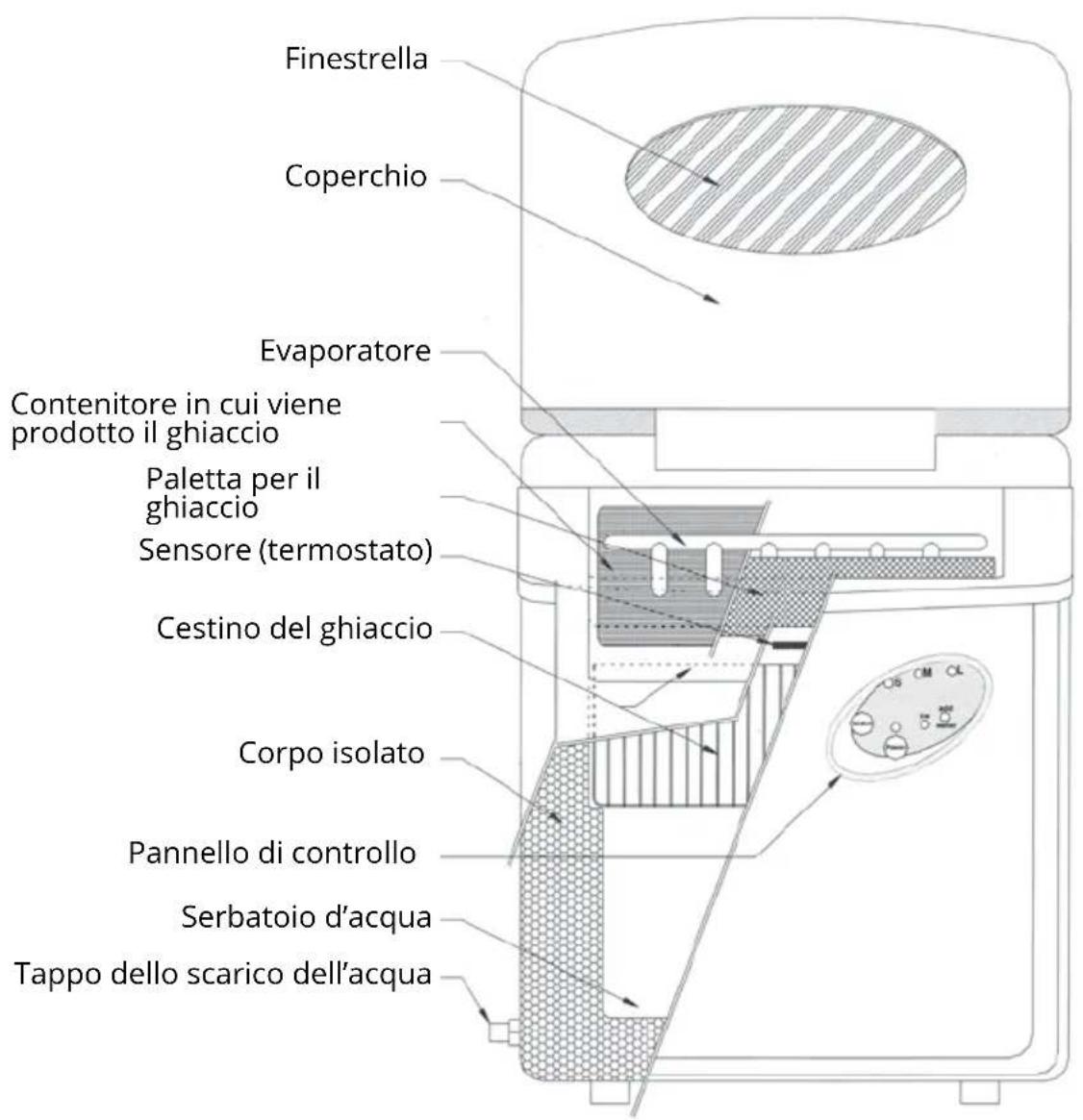 Finestrella Coperchio Evaporatore Contenitore in cui viene prodotto il ghiaccio Paletta per il ghiaccio Sensore (termostato) Cestino del ghiaccio Corpo isolato Pannello di controllo Serbatoio d'acqua Tappo dello scarico dell'acqua