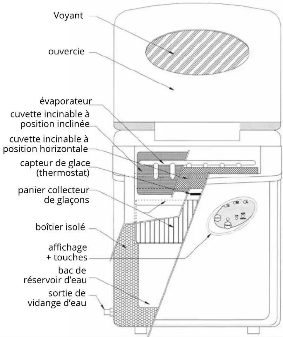 Voyant ouvercie évaporateur cuvette incinable à position inclinée cuvette incinable à position horizontale capteur de glace (thermostat) panier collecteur de glaçons boîtier isolé affichage + touches bac de réservoir d'eau sortie de vidange d'eau