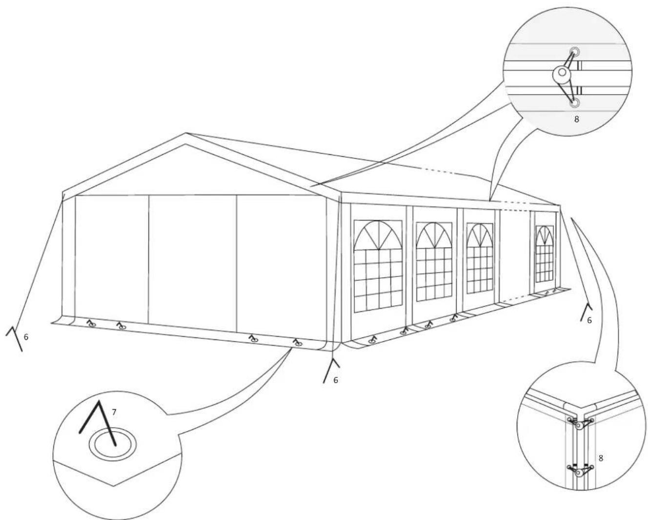 Profizelt24 4 m series classic - Breiten Sie die Seitenwände (14) und Endwände (15) aus und befestigen Si mit den Gummischlaufen (8) die Seitenwände am Gerüst und die Endwände direkt am Dach. - 1
