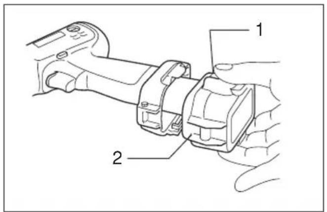 Technical diagram of a mechanical assembly with labeled parts 1 and 2