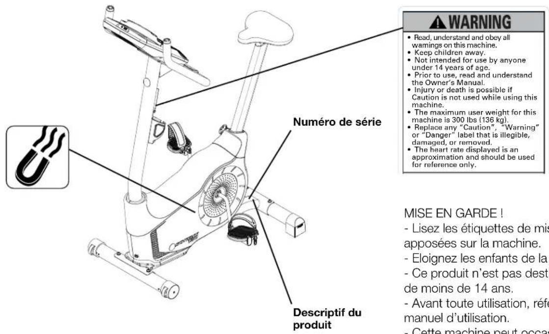 Schwinn 130i - ETIQUETTES DE MISE EN GARDE ET NUMERO DE SÉRIE - 1
