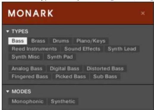 NATIVE INSTRUMENTS Komplete Kontrol S88 MK2 - Filtrer les fichiers de Preset suivant le Type et le Mode - 3