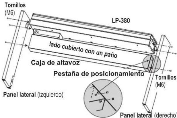 KORG LP380 - Fije el LP-380 y la caja de altavoz a los paneles laterales izquierdo y derechoutilizing ocho tornillos (M6). - 1