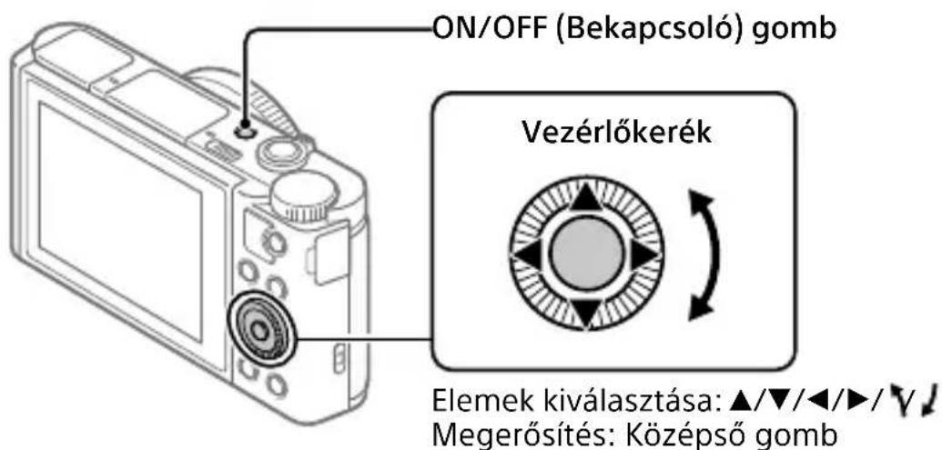 ON/OFF (Bekapcsoló) gomb Vezérlőkerék Elemek kiválasztása: ▲/▼/◄/►/▽ Megerősítés: Középső gomb