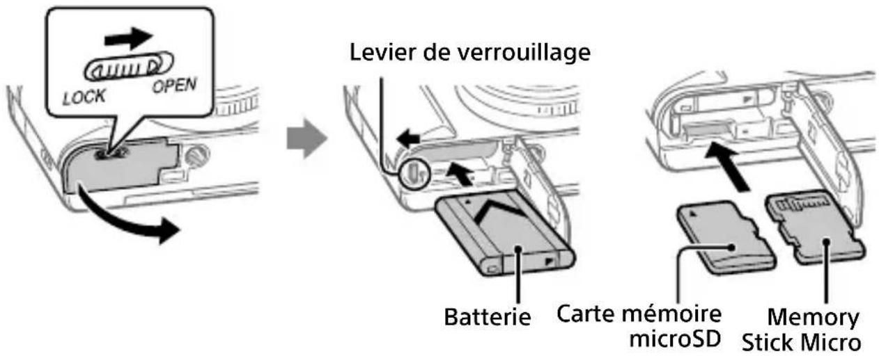 SONY CyberShot DSCHX95 - Insertion de la batterie (fournie)/carte mémoire (vendue séparément) dans l'appareil - 1