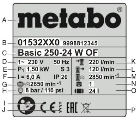 METABO Power 1805 W OF - Indicações na placá de caracteristicas: - 1