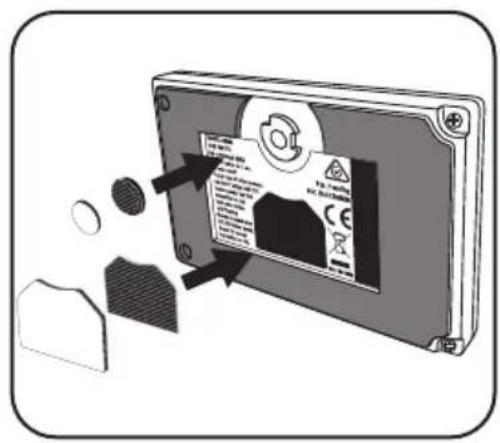 Diagram showing a device with a label and warning arrows, indicating a safety or hazard warning.