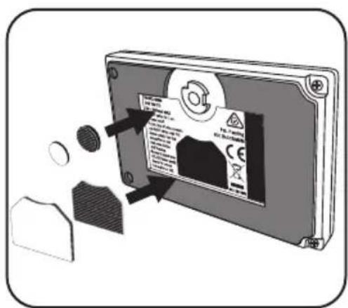 Diagram showing a device with a label and warning arrows, indicating a warning about safety or hazard.